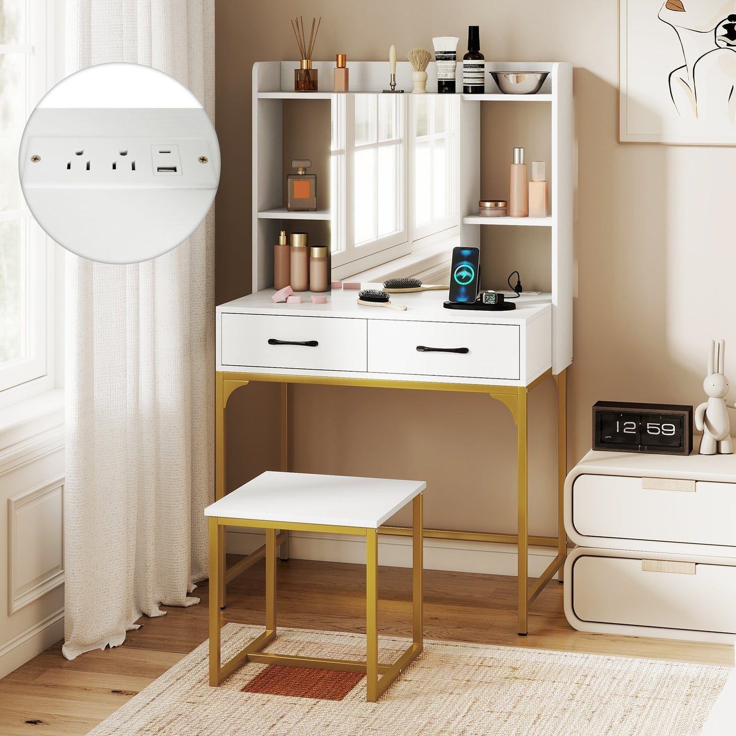 Vanity Desk with Storage Drawers and Charging Station