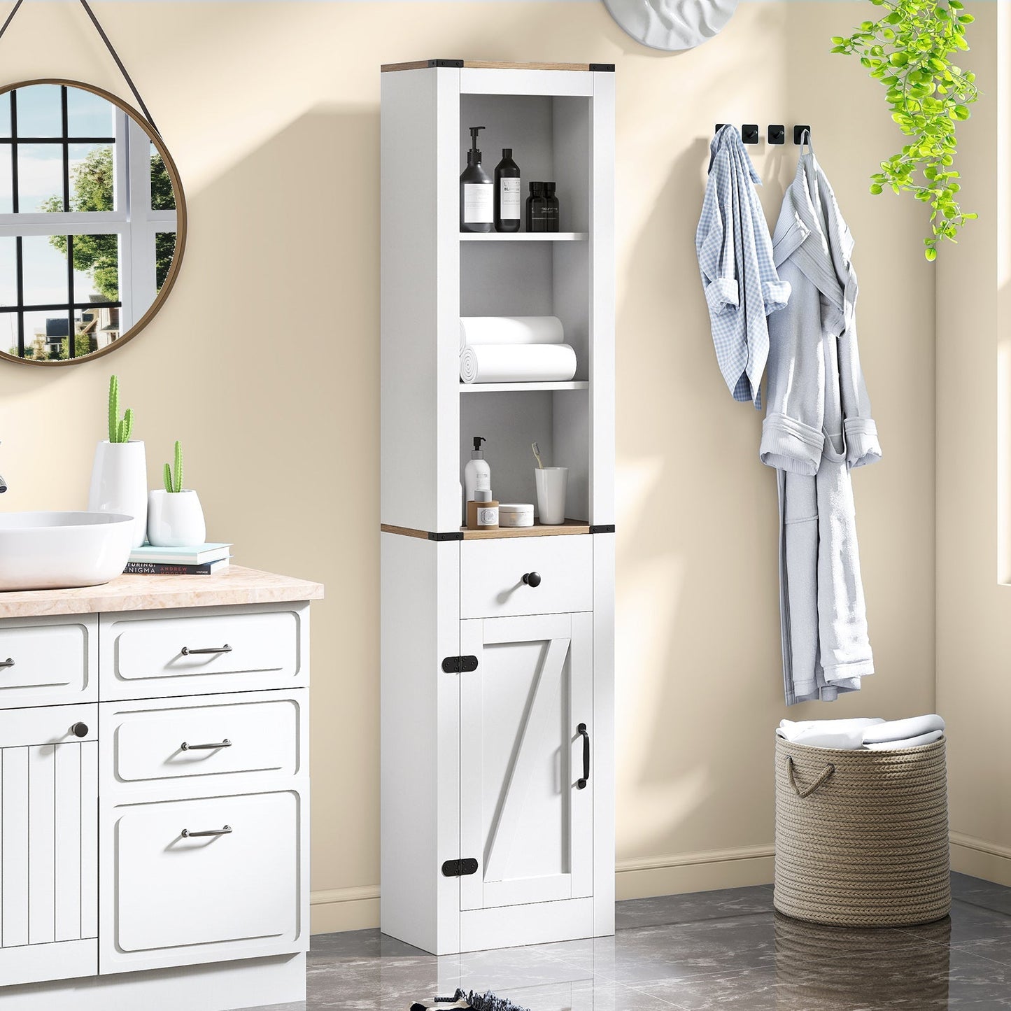 68 inch Tall Bathroom Cabinet with Barn Door Narrow Slim Storage Organizer Unit with Drawer-White