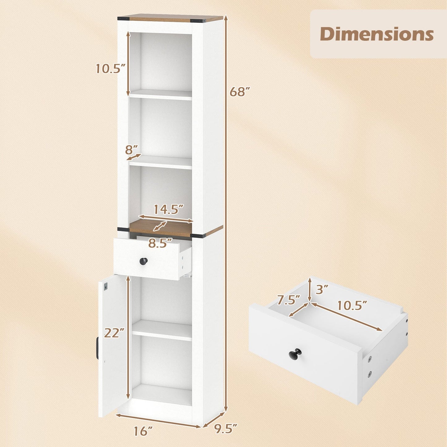68 inch Tall Bathroom Cabinet with Barn Door Narrow Slim Storage Organizer Unit with Drawer-White