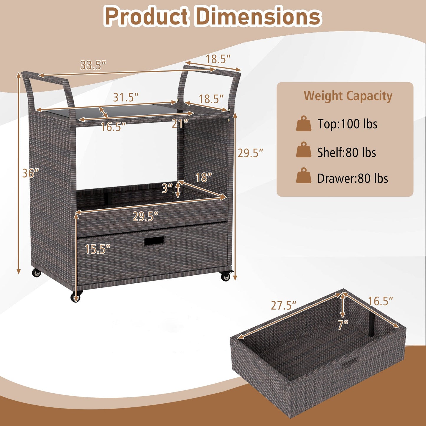 Outdoor Wicker Bar Cart Table with Tempered Glass Top