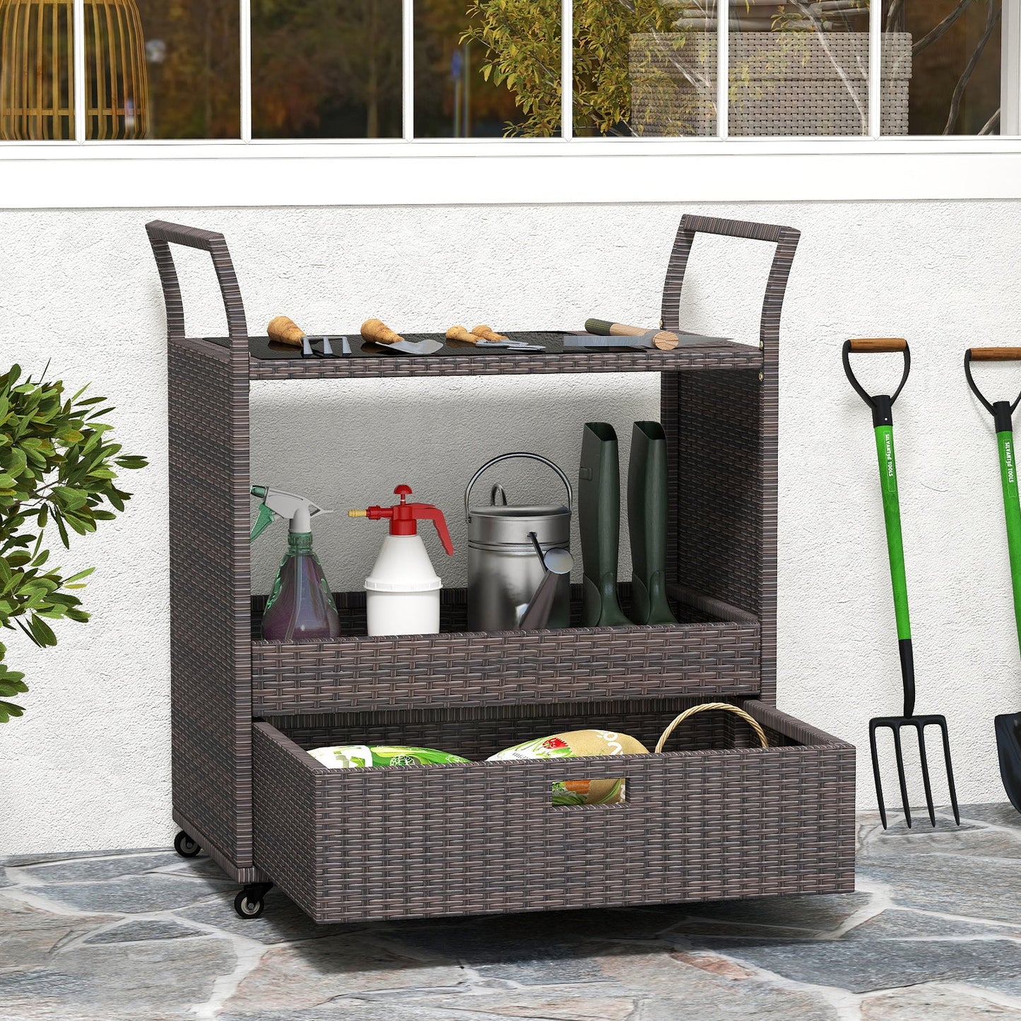 Outdoor Wicker Bar Cart Table with Tempered Glass Top