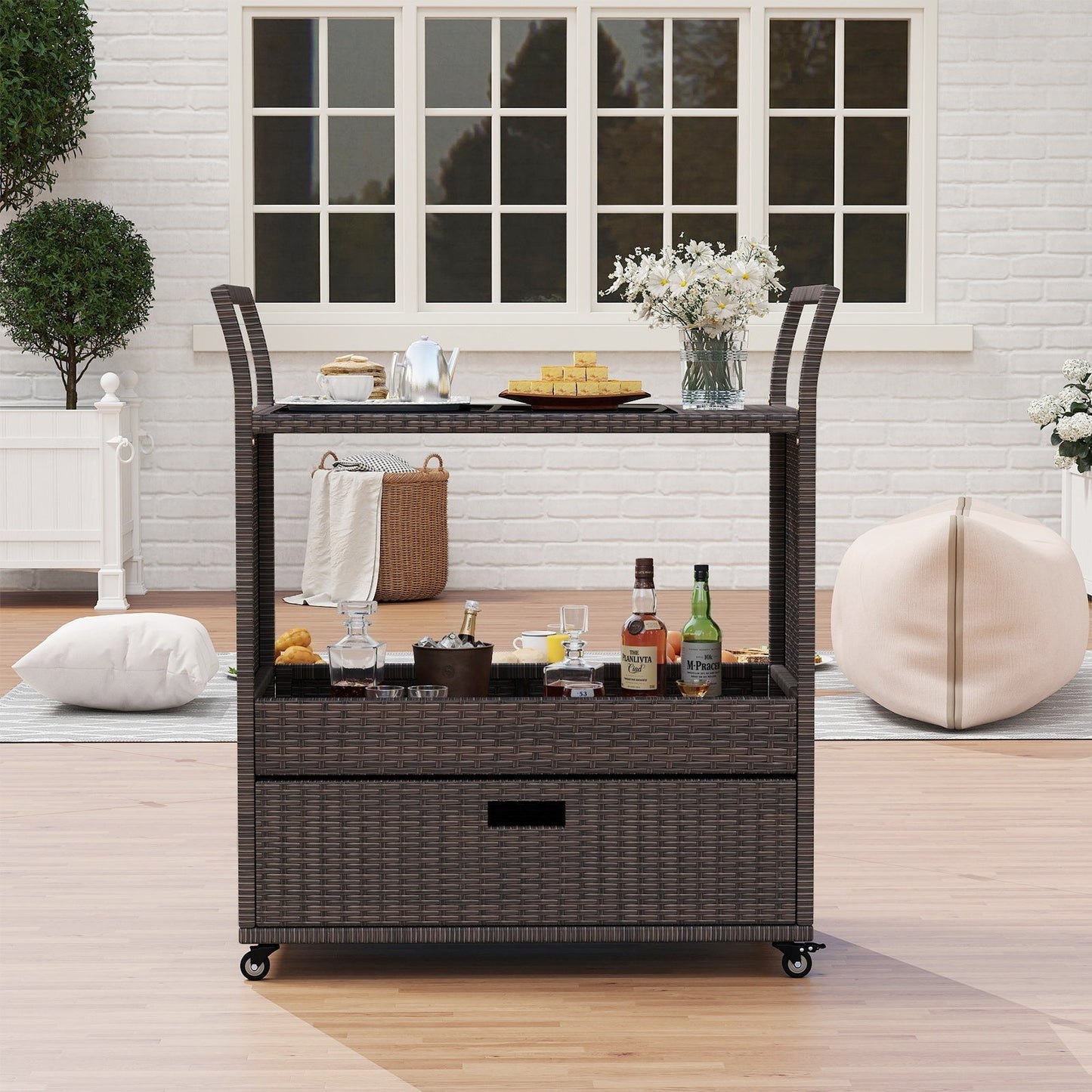 Outdoor Wicker Bar Cart Table with Tempered Glass Top