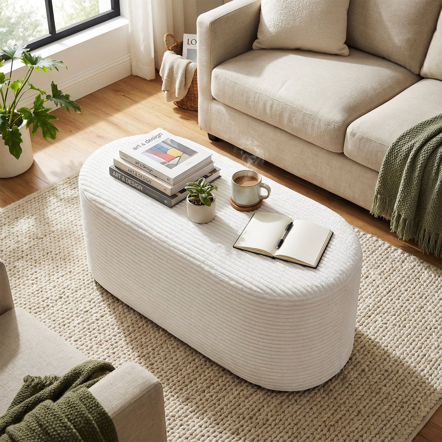 Upholstered Ottoman Bench with High-Density Sponge-Beige