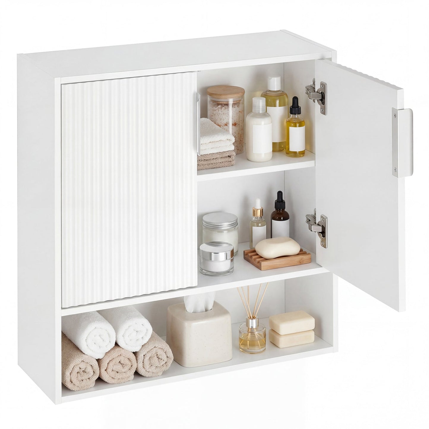 Bathroom Wall Cabinet with 2 Fluted Doors and Open Cube and Adjustable Shelf