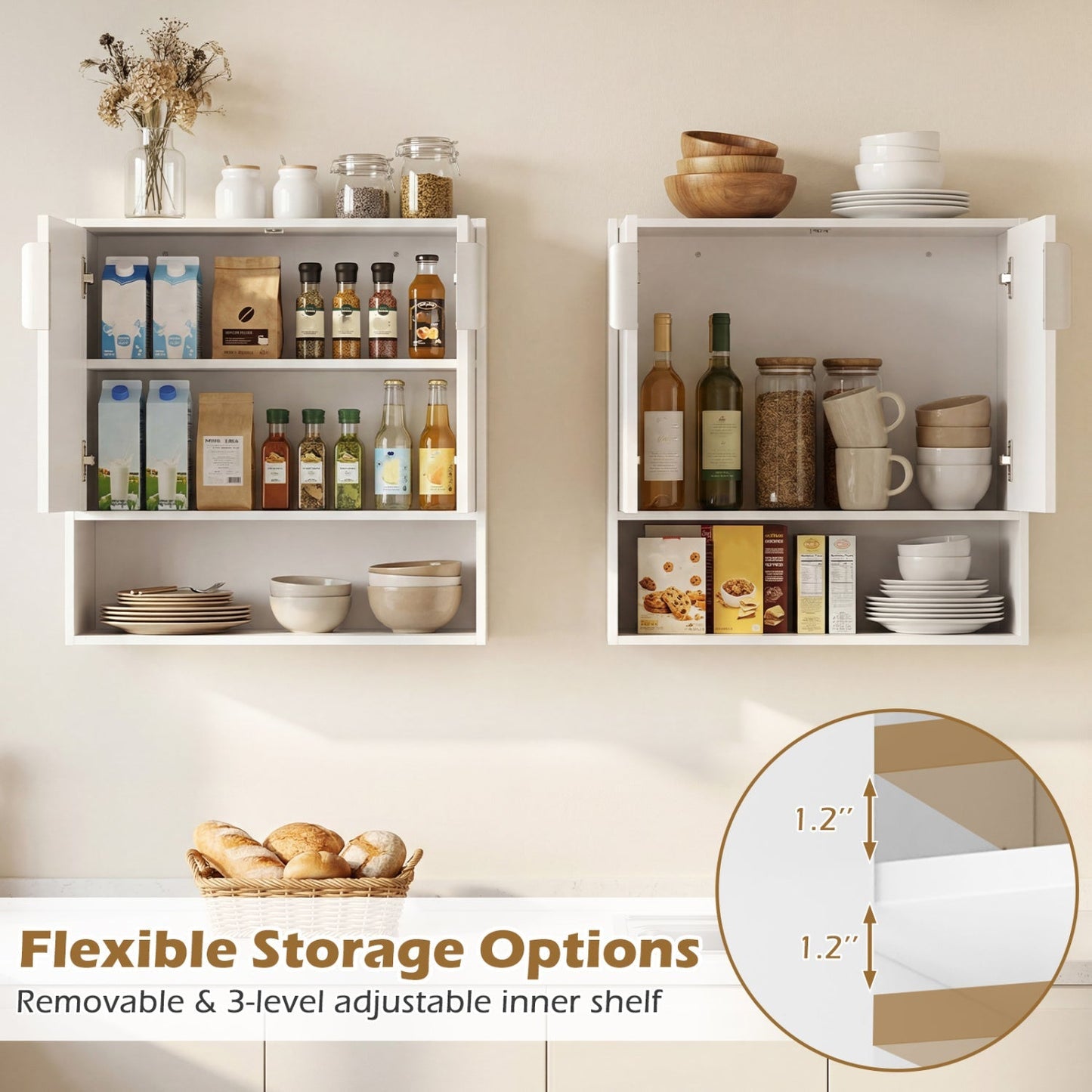 Bathroom Wall Cabinet with 2 Fluted Doors and Open Cube and Adjustable Shelf