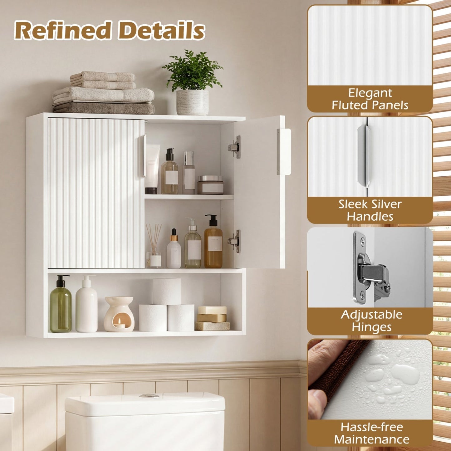 Bathroom Wall Cabinet with 2 Fluted Doors and Open Cube and Adjustable Shelf
