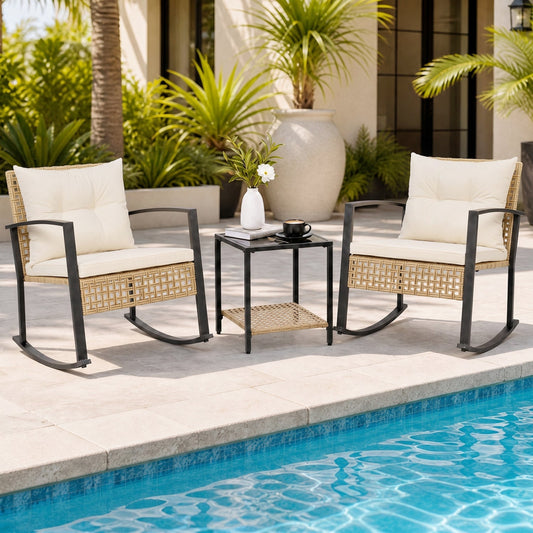 3-Piece Rattan Patio Conversation Set with Rocking Chairs