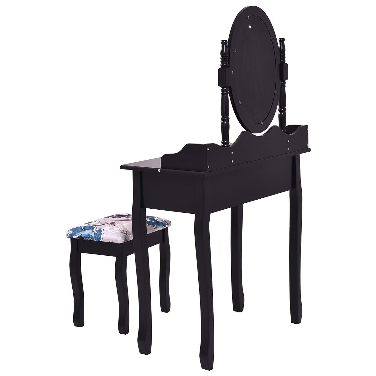 Wooden Vanity Makeup Set with Cushioned Stool and Oval Rotating Mirror