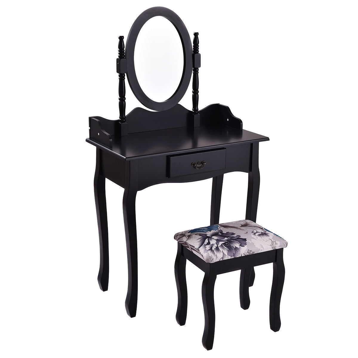 Wooden Vanity Makeup Set with Cushioned Stool and Oval Rotating Mirror
