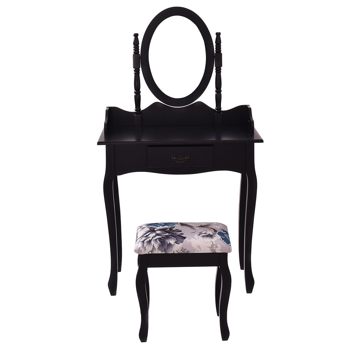 Wooden Vanity Makeup Set with Cushioned Stool and Oval Rotating Mirror