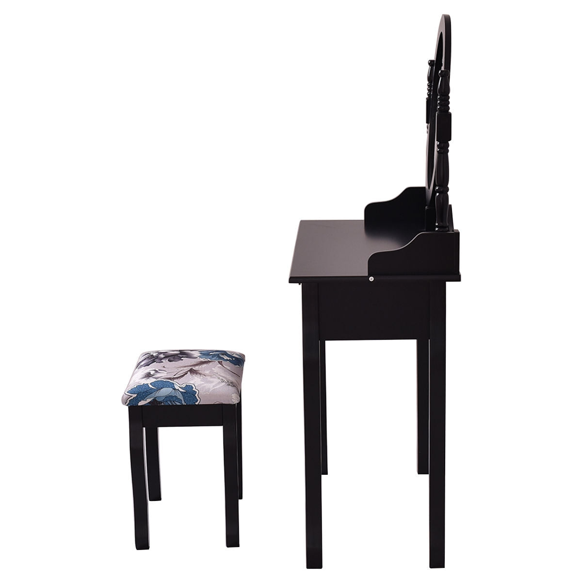 Wooden Vanity Makeup Set with Cushioned Stool and Oval Rotating Mirror