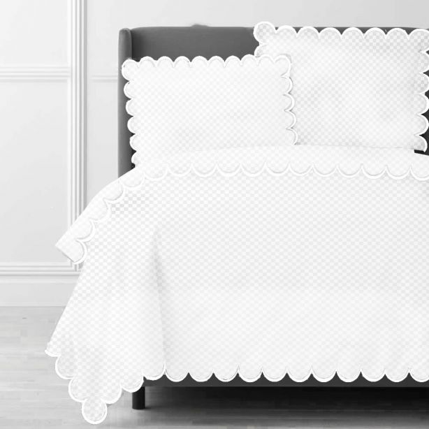 Allena 400TC Cotton Scallop Embroidery Sateen Microcheck Duvet Cover Set