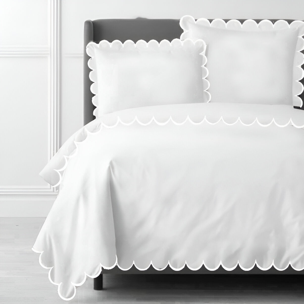 Allena 400TC Cotton Scallop Embroidery Sateen Solid Duvet Cover Set
