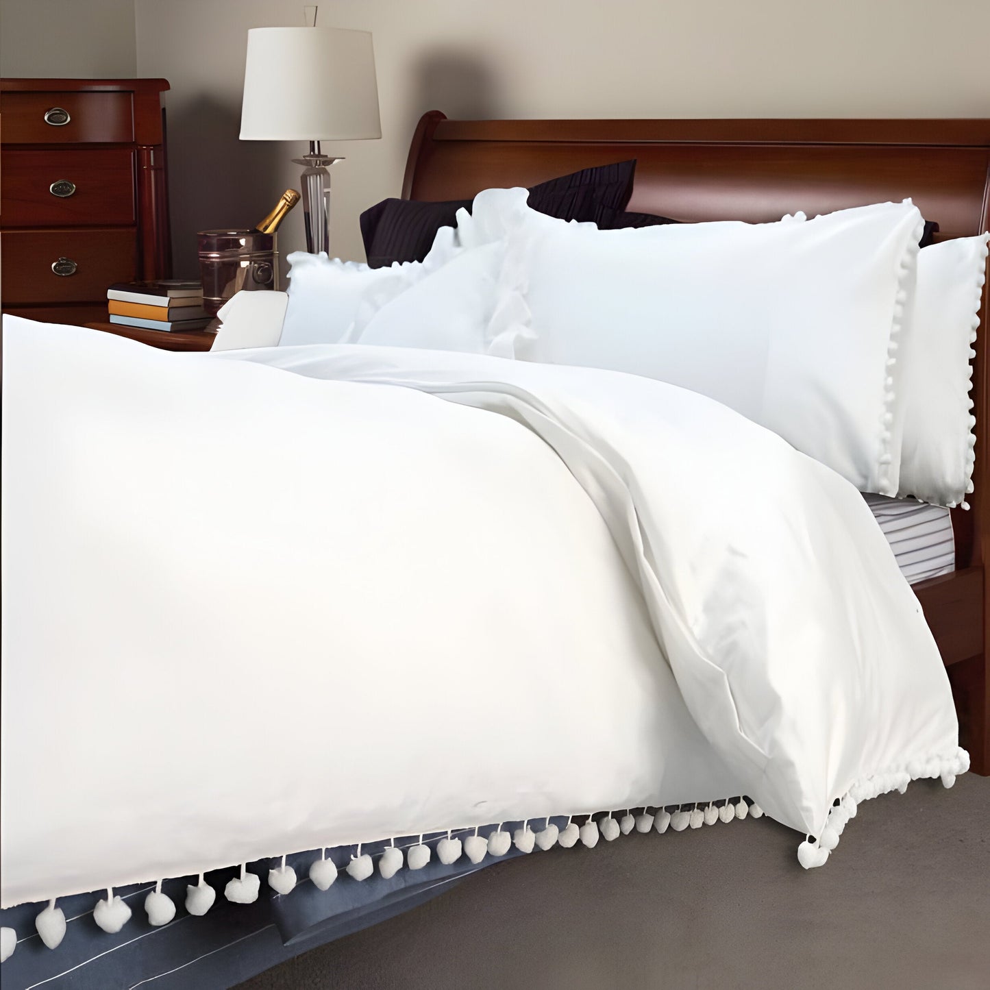400TC Cotton Pom Fringe Sateen Solid Tone Boho Duvet Cover Set