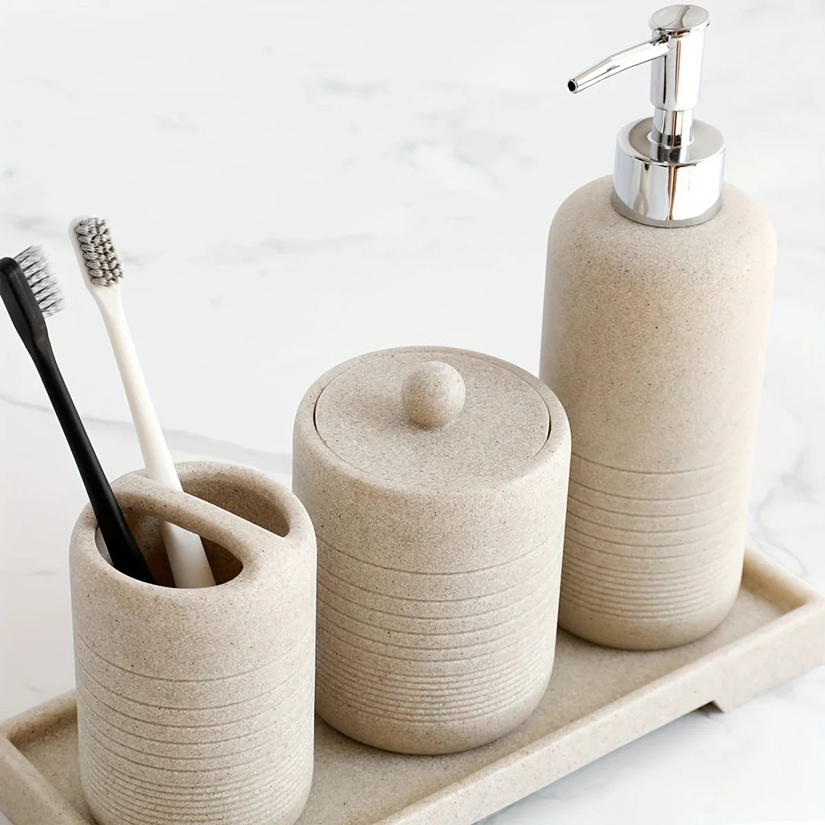 White Crystal Sandstone Beige Gray Sandstone Featured Bathroom Four-Piece Set Lotion Bottle Toothbrush Holder Swab Box Tray