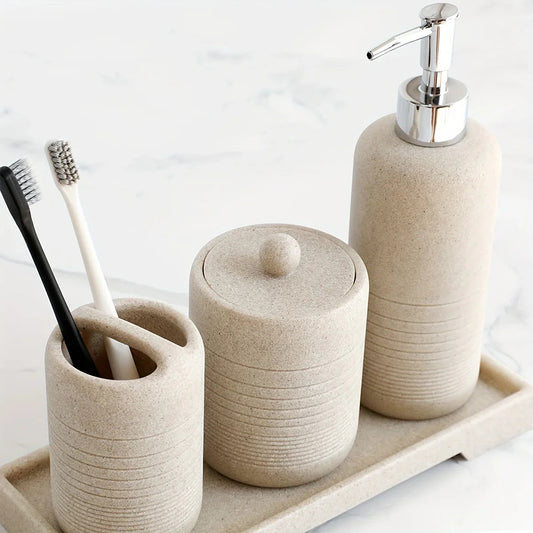 White Crystal Sandstone Beige Gray Sandstone Featured Bathroom Four-Piece Set Lotion Bottle Toothbrush Holder Swab Box Tray