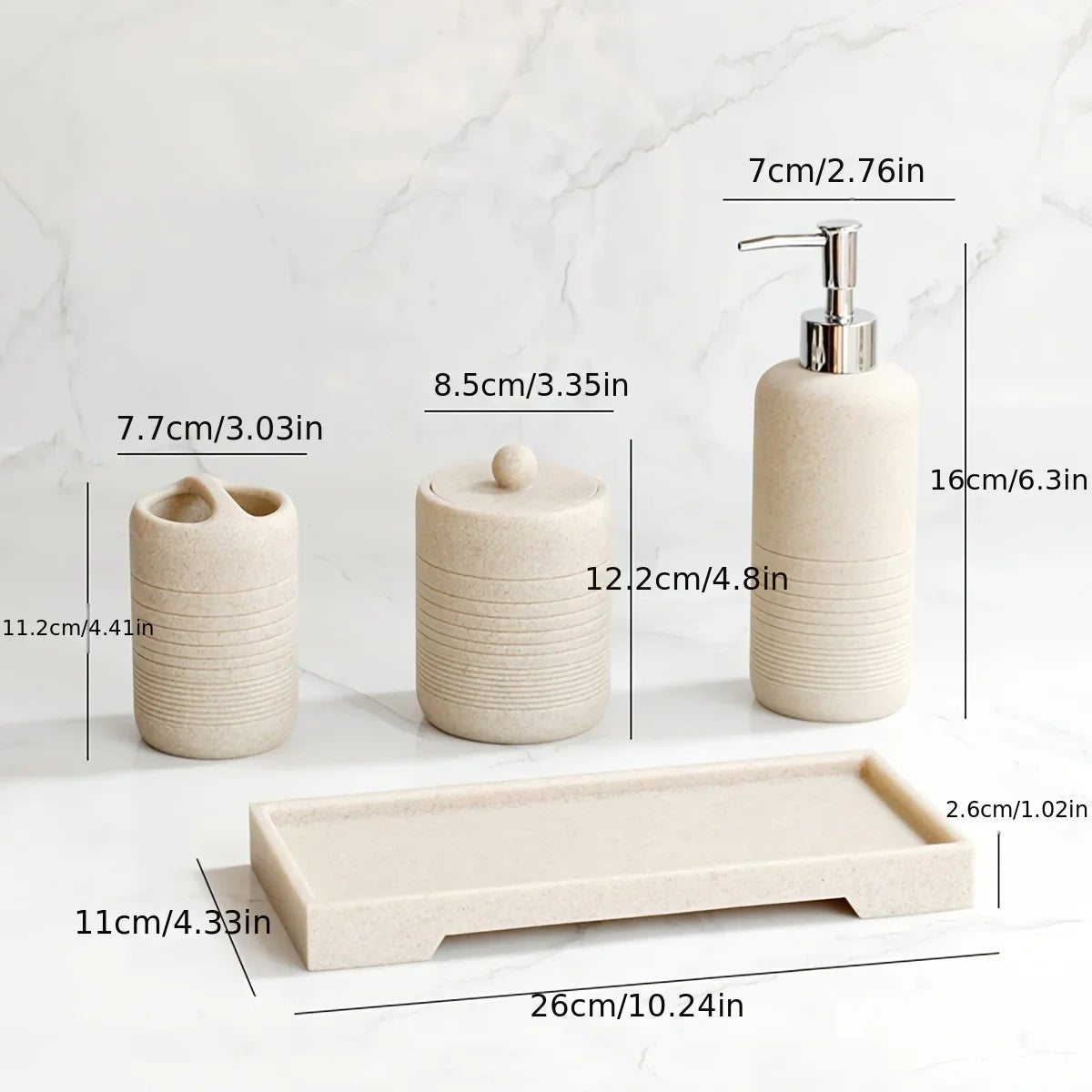 White Crystal Sandstone Beige Gray Sandstone Featured Bathroom Four-Piece Set Lotion Bottle Toothbrush Holder Swab Box Tray