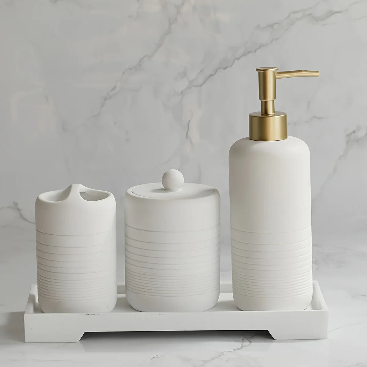 White Crystal Sandstone Beige Gray Sandstone Featured Bathroom Four-Piece Set Lotion Bottle Toothbrush Holder Swab Box Tray
