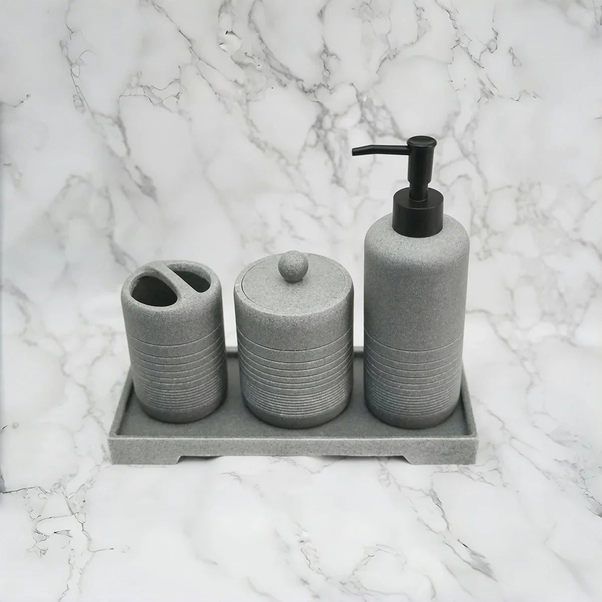 White Crystal Sandstone Beige Gray Sandstone Featured Bathroom Four-Piece Set Lotion Bottle Toothbrush Holder Swab Box Tray