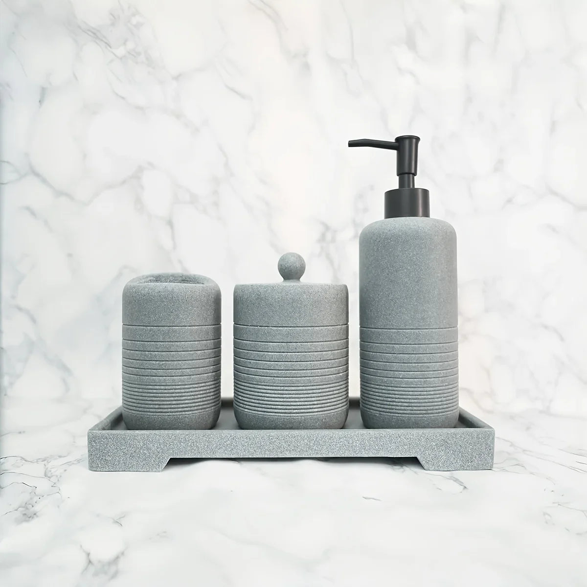 White Crystal Sandstone Beige Gray Sandstone Featured Bathroom Four-Piece Set Lotion Bottle Toothbrush Holder Swab Box Tray