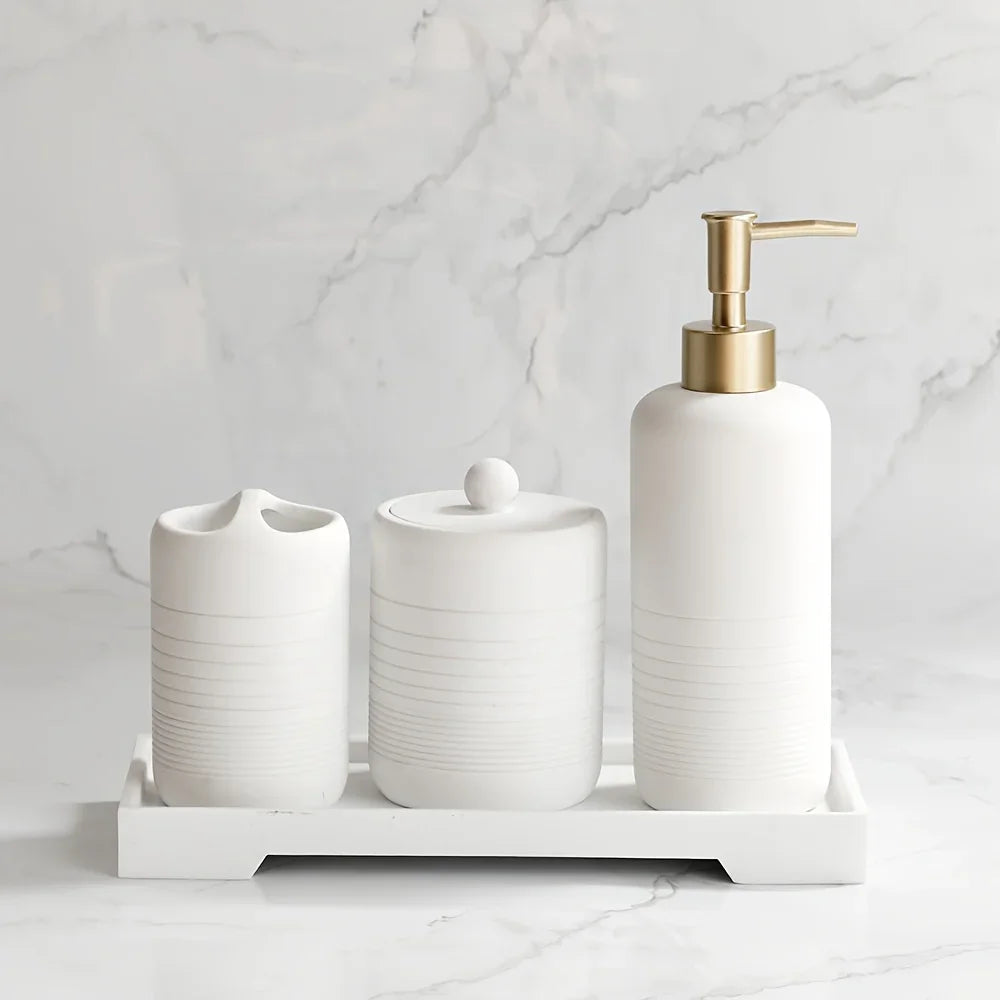 White Crystal Sandstone Beige Gray Sandstone Featured Bathroom Four-Piece Set Lotion Bottle Toothbrush Holder Swab Box Tray