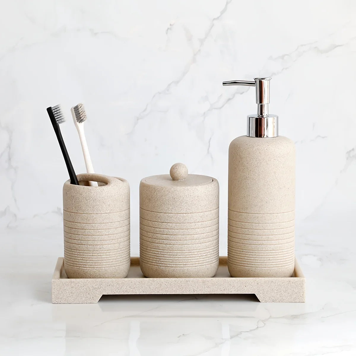 White Crystal Sandstone Beige Gray Sandstone Featured Bathroom Four-Piece Set Lotion Bottle Toothbrush Holder Swab Box Tray