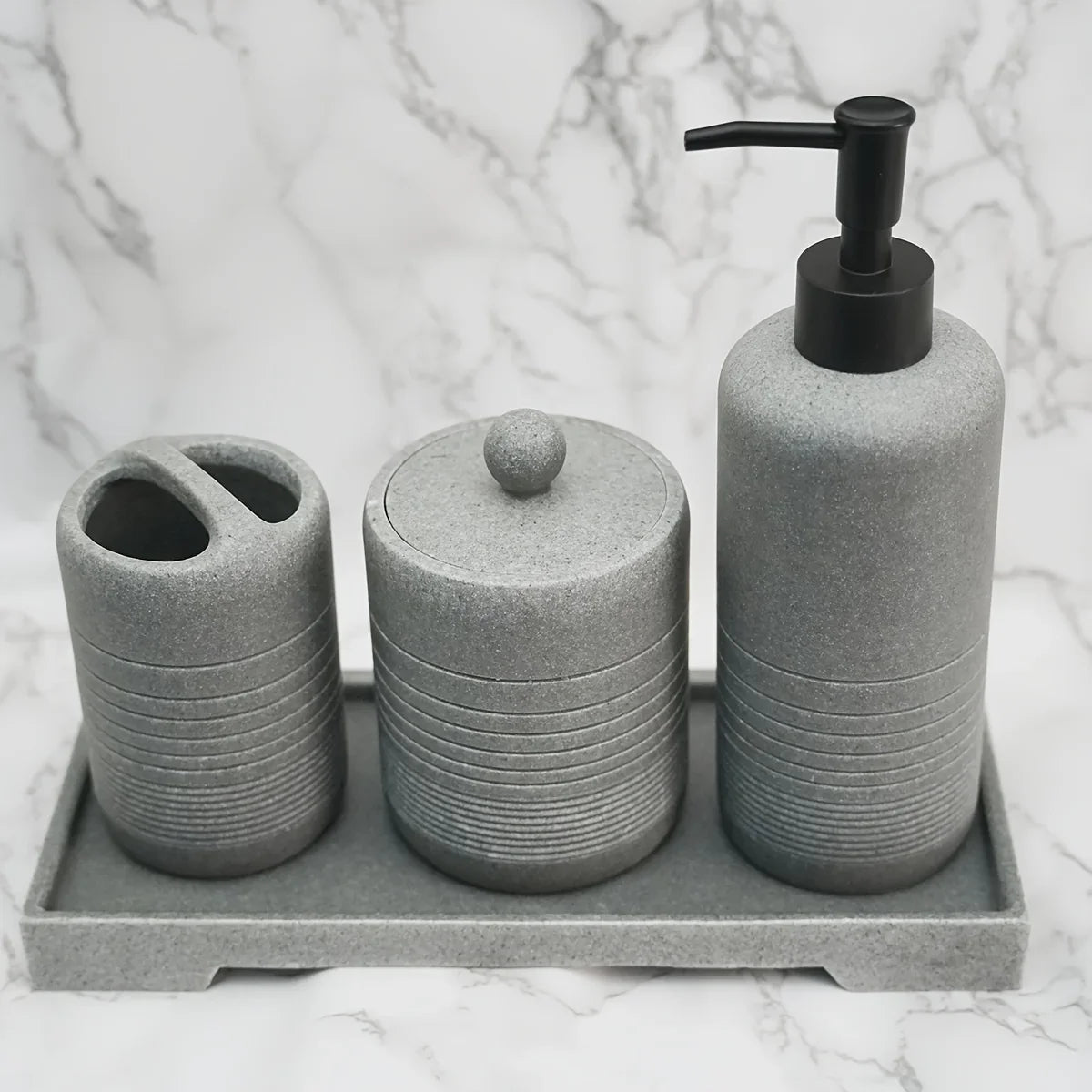 White Crystal Sandstone Beige Gray Sandstone Featured Bathroom Four-Piece Set Lotion Bottle Toothbrush Holder Swab Box Tray