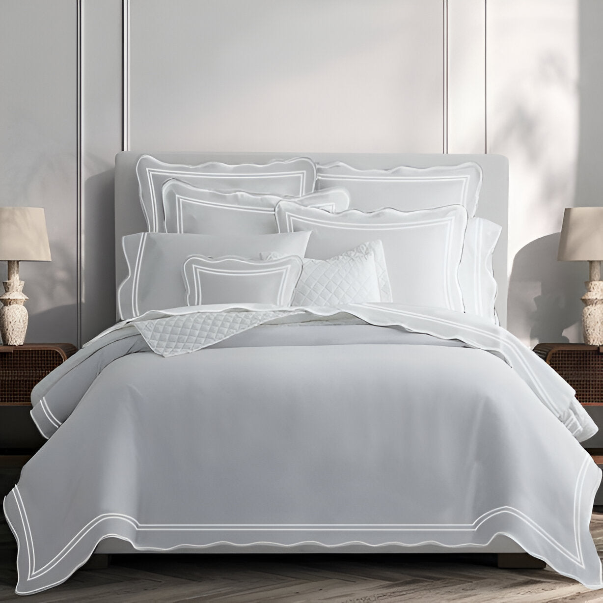 400TC Wavy Embroidery & Border Cotton Sateen Solid Duvet Cover Set