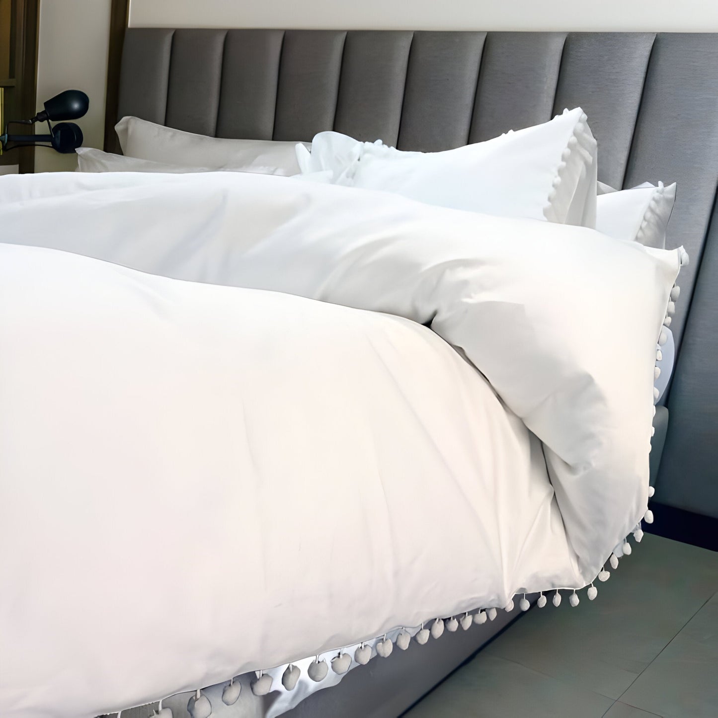 400TC Cotton Pom Fringe Sateen Solid Tone Boho Duvet Cover Set