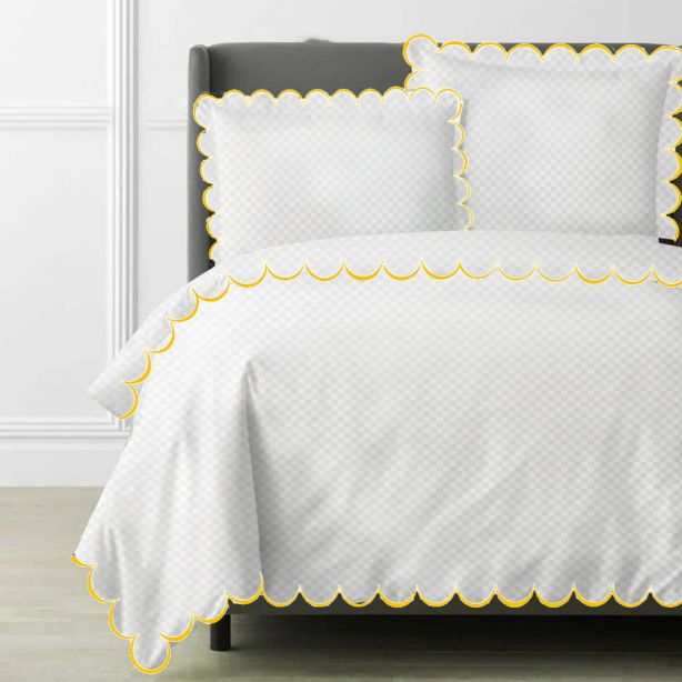 Allena 400TC Cotton Scallop Embroidery Sateen Microcheck Duvet Cover Set