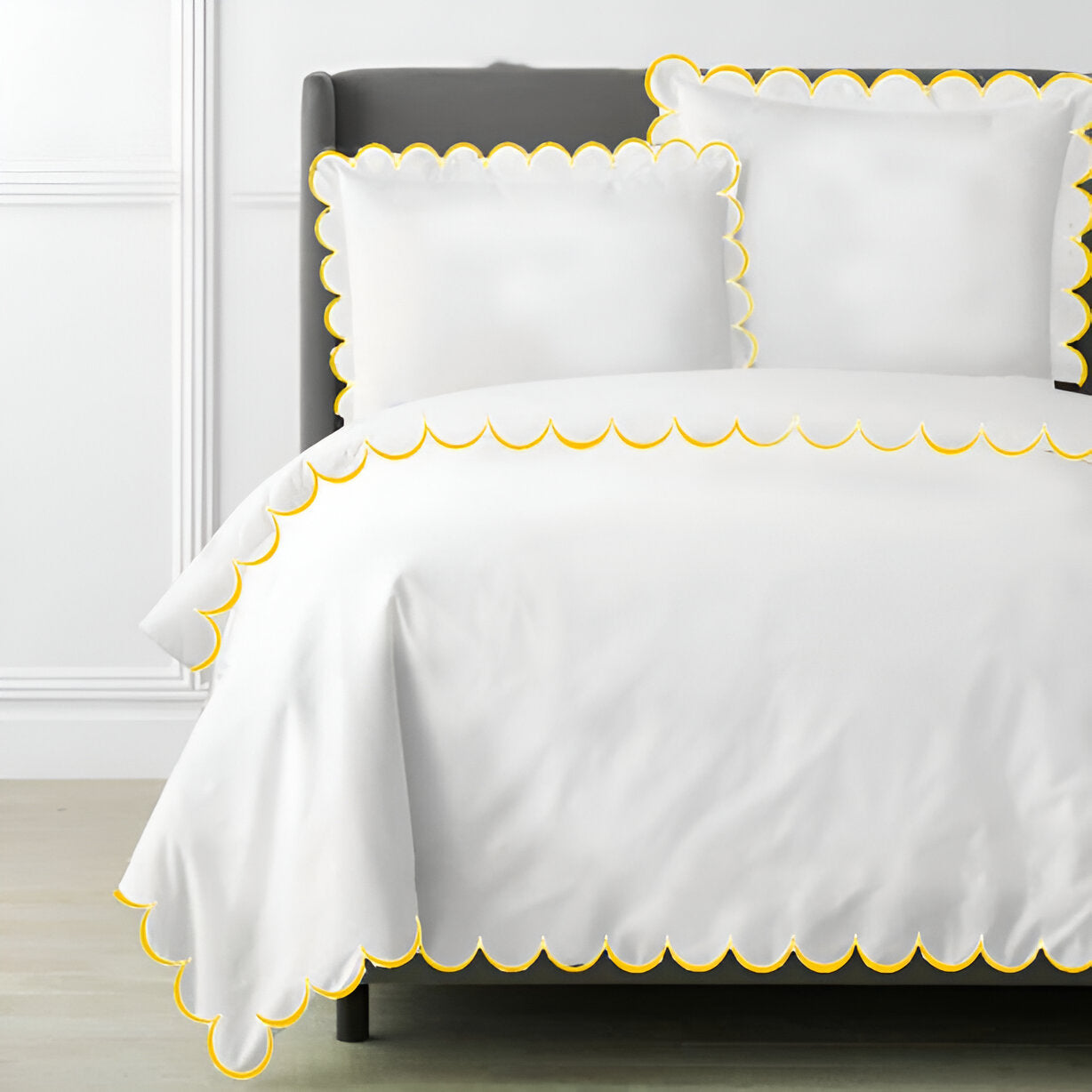 Allena 400TC Cotton Scallop Embroidery Sateen Solid Duvet Cover Set
