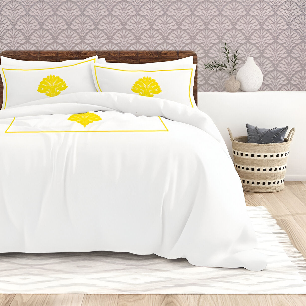 Leafy Embroidered Cotton Sateen Duvet Cover Set