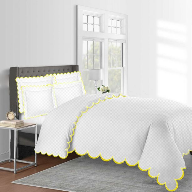 Allena 400TC Cotton Scallop Embroidery Sateen Microcheck Duvet Cover Set